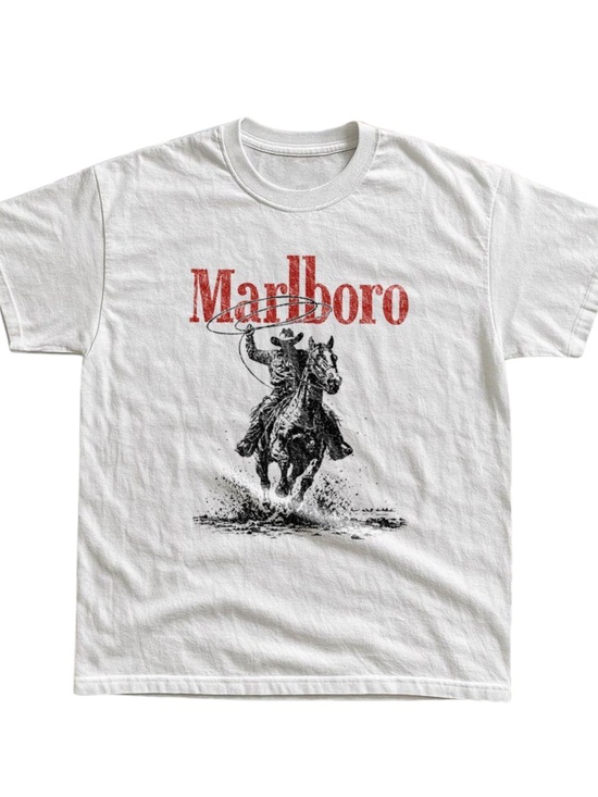 Gildan Tops - Gildan Marlboro White Tee with Red Logo and Black Cowboy Print